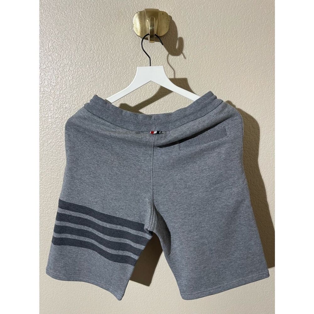 Thom Browne Gray Knit Drawstring Athletic Shorts with Stripe - Picture 2 of 6